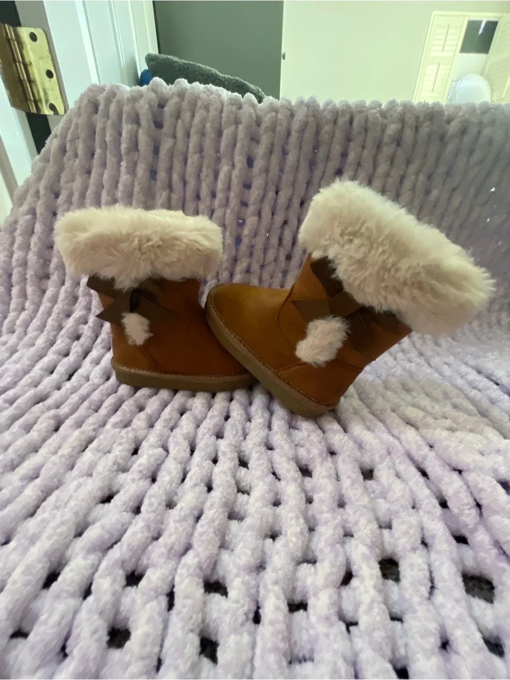 Girls' Brown Faux Suede Winter Boots with Cream Fur Trim